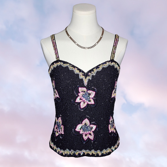 Vintage Tops - Vtg Y2k Beaded Fairy Formal Floral Black Pink Spaghetti Strap Corset Tank Top